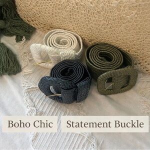 Boho Woven Chic Statement Buckle Woven Belt  Set (3) - White, Navy, Olive